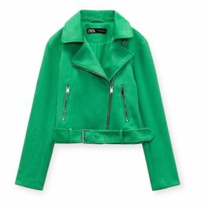 NEW Zara Vibrant Green Faux Suede Moto Belted Cropped Jacket